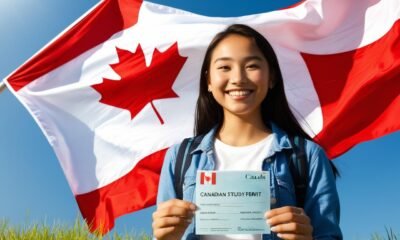 A-young-student-holding-a-Canadian-study-permit-with-the-Canadian-flag-waving-in-the-background.