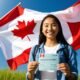 A-young-student-holding-a-Canadian-study-permit-with-the-Canadian-flag-waving-in-the-background.