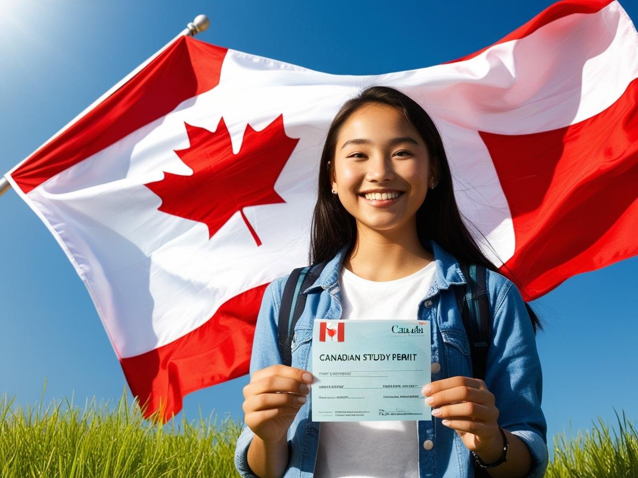 A-young-student-holding-a-Canadian-study-permit-with-the-Canadian-flag-waving-in-the-background.