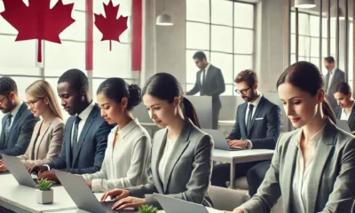 image showing a diverse group of professionals completing express entry immigration forms on laptops, set in a secure office setting.