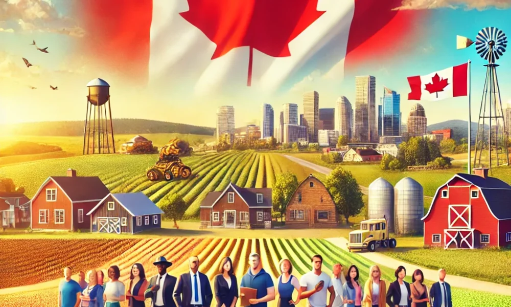 image featuring a rural Canadian landscape with a diverse group of professionals. It represents image based on rcic blog.
