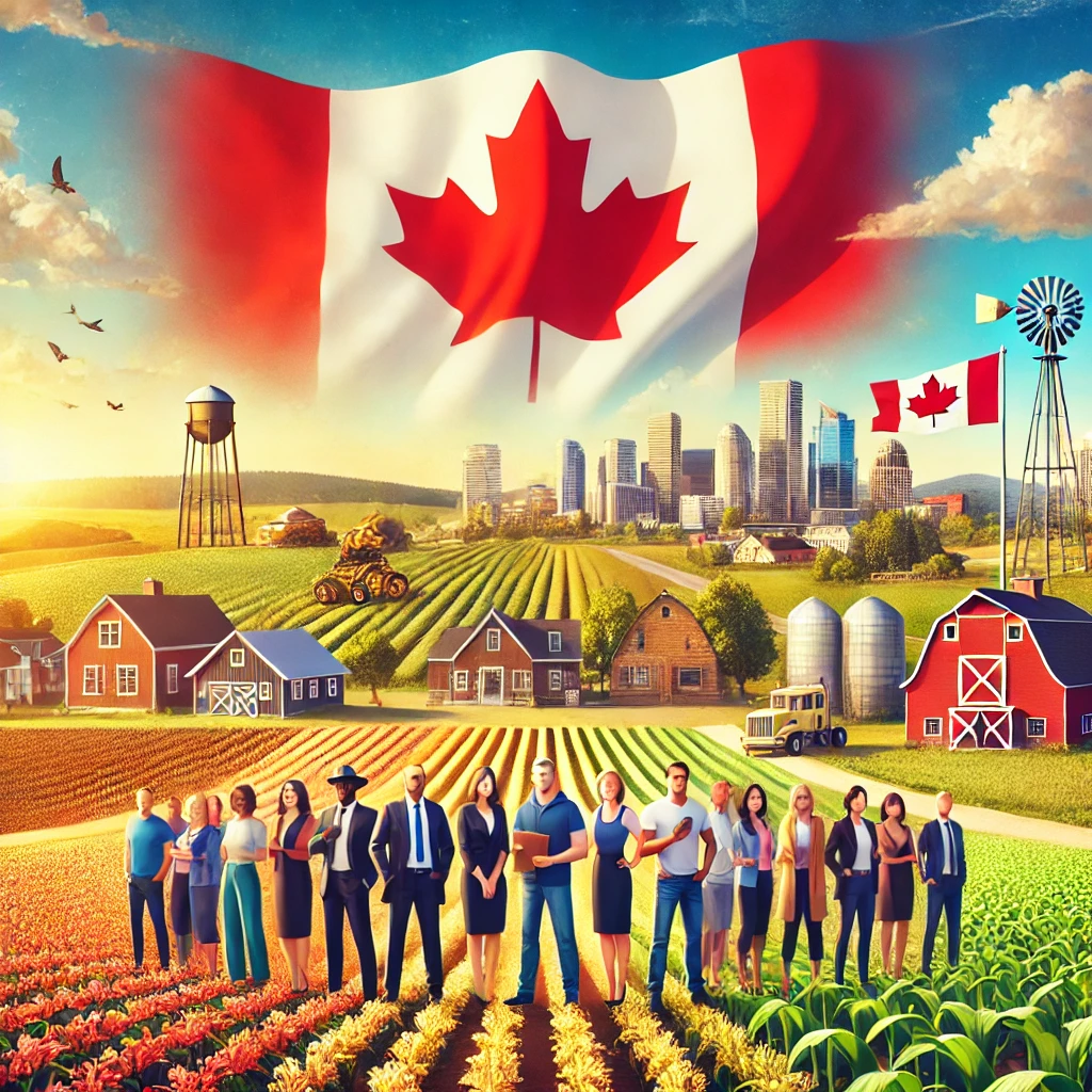 image featuring a rural Canadian landscape with a diverse group of professionals. It represents image based on rcic blog.