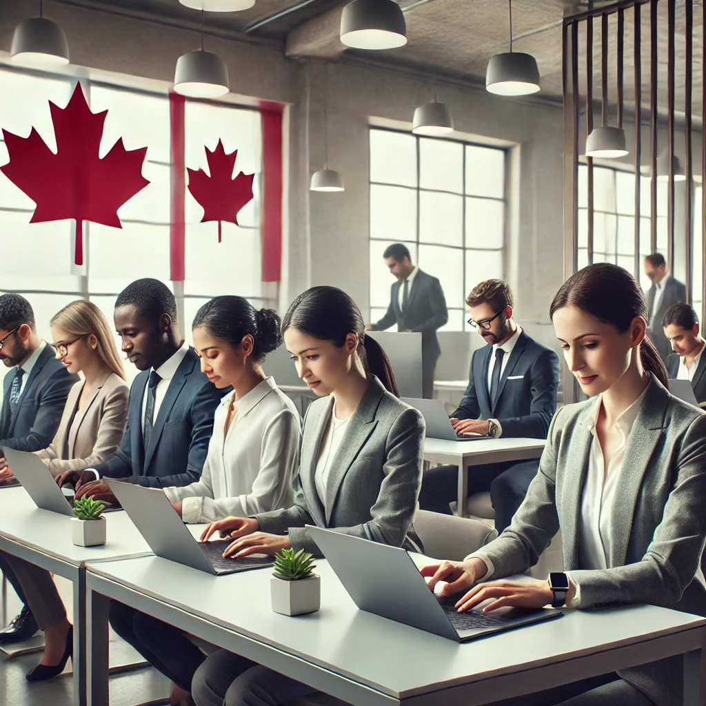 image showing a diverse group of professionals completing express entry immigration forms on laptops, set in a secure office setting.