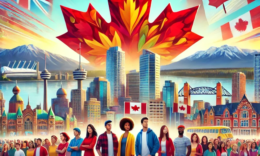 image showcasing a group of diverse newcomers in a Canadian cityscape.