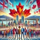 image showcasing a group of diverse newcomers in a Canadian cityscape.