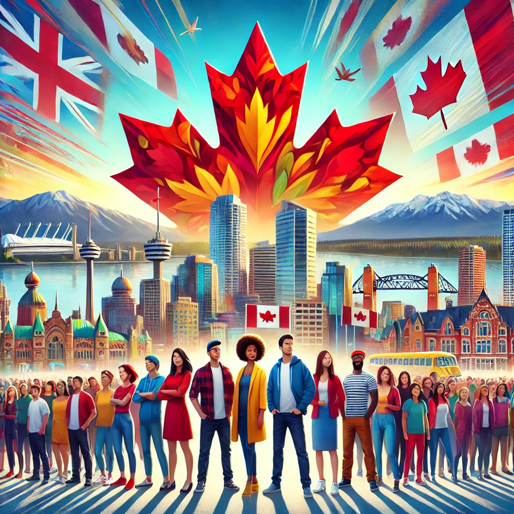 image showcasing a group of diverse newcomers in a Canadian cityscape.