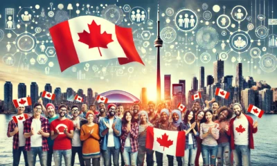 a group of diverse migrants celebrating with Canadian flags, set against Toronto's skyline with symbols of inclusion like a glowing globe and community icons.