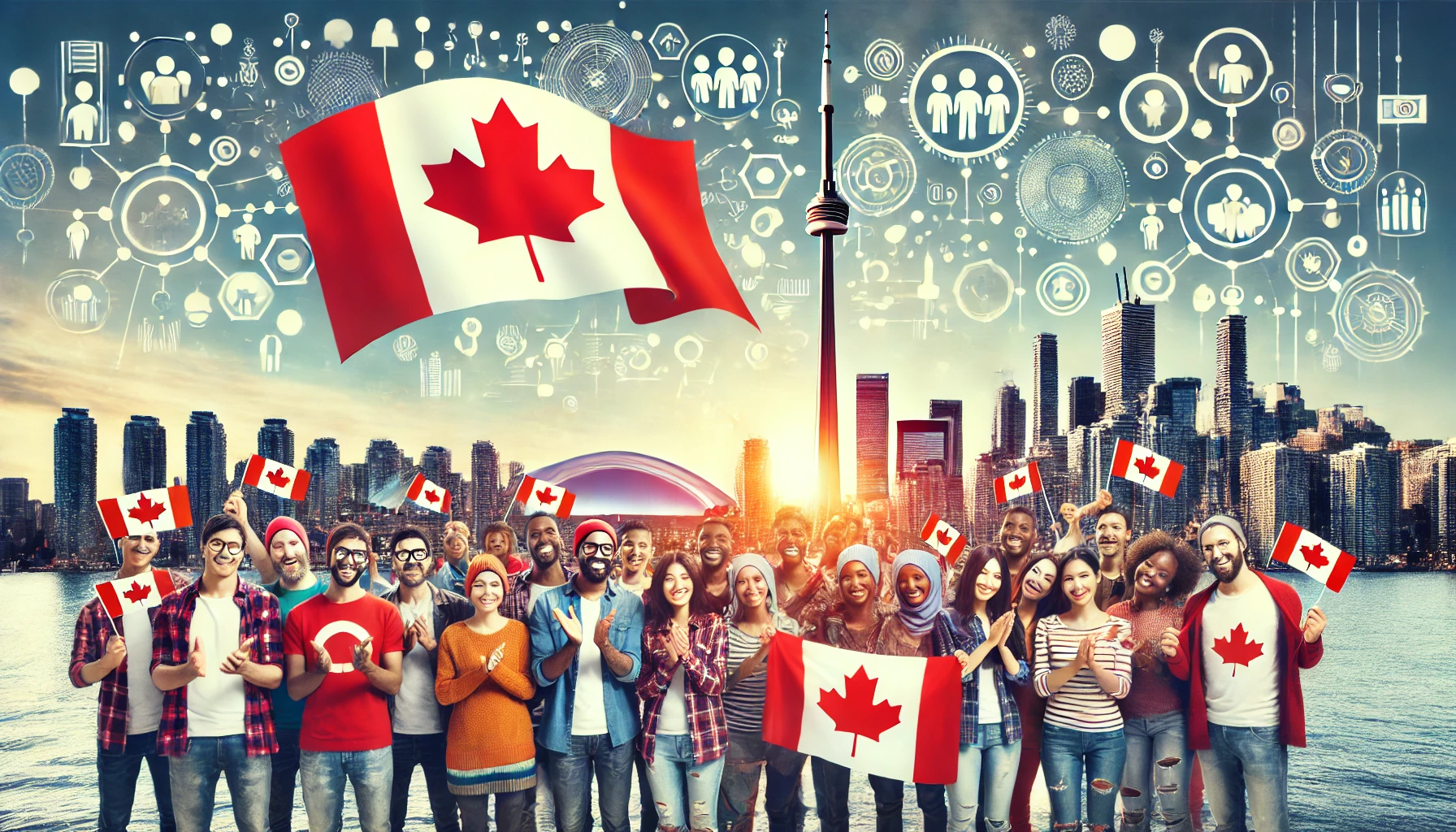a group of diverse migrants celebrating with Canadian flags, set against Toronto's skyline with symbols of inclusion like a glowing globe and community icons.