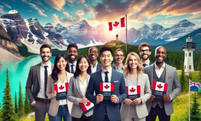 The image is featuring a diverse group of ethnicities in a professional setting, with Alberta's Rockies and a PEI lighthouse in the background.