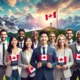 The image is featuring a diverse group of ethnicities in a professional setting, with Alberta's Rockies and a PEI lighthouse in the background.