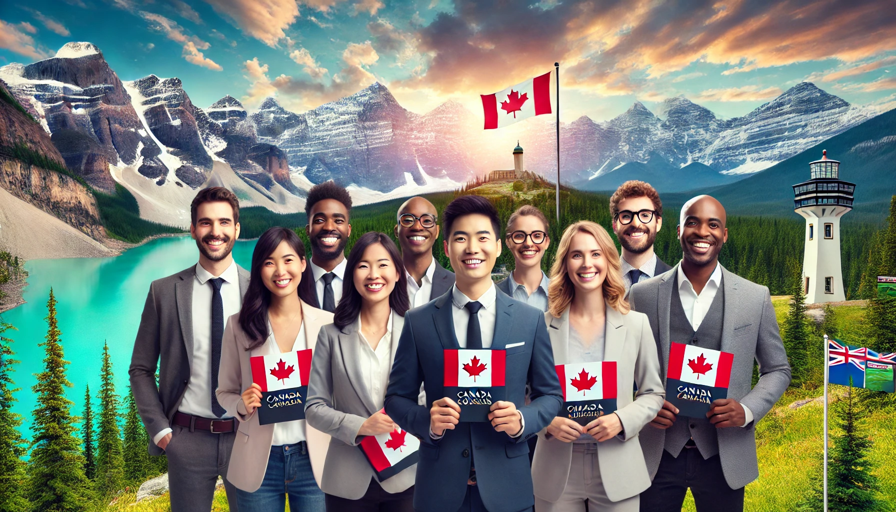 The image is featuring a diverse group of ethnicities in a professional setting, with Alberta's Rockies and a PEI lighthouse in the background.