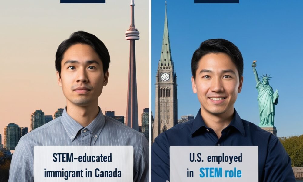 A split-image banner: on the left, a STEM-educated immigrant working in a non-STEM job in Canada, appearing underutilized; on the right, a similar individual in the U.S. employed in a STEM role, actively engaged in their field.