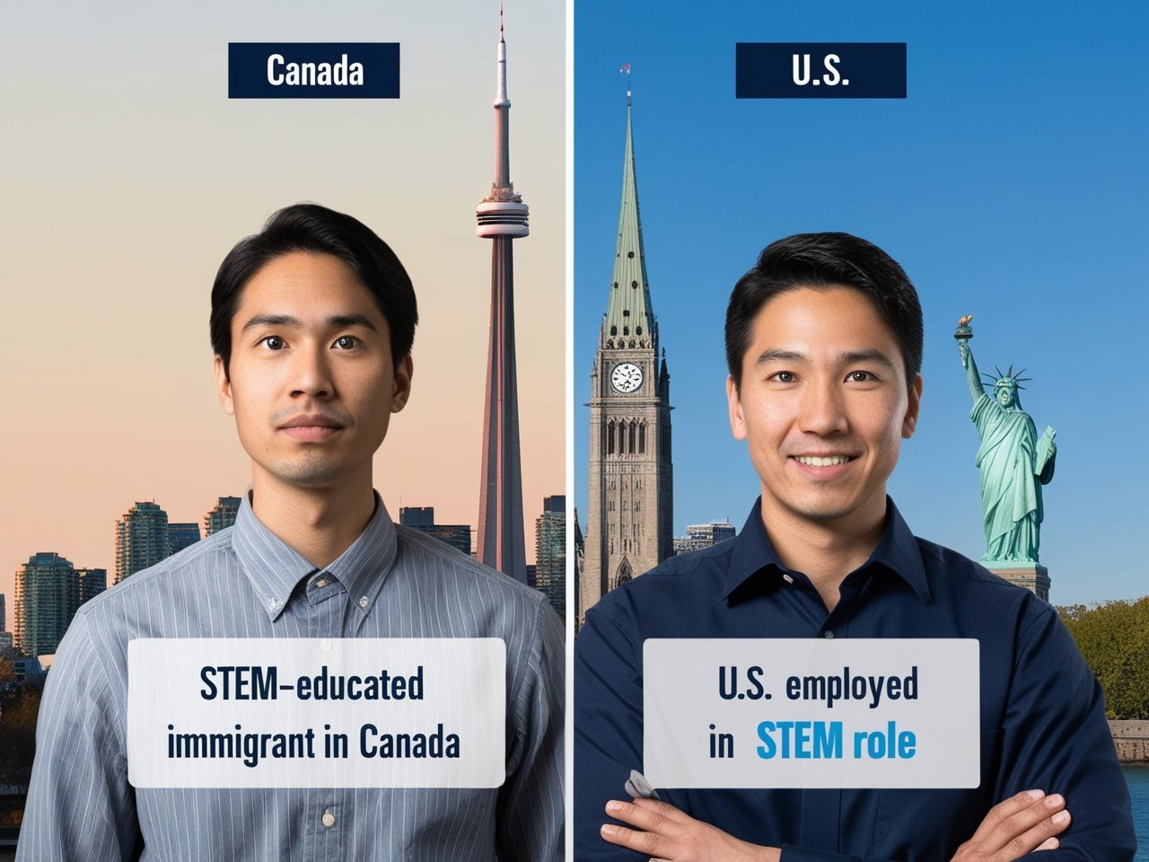 A split-image banner: on the left, a STEM-educated immigrant working in a non-STEM job in Canada, appearing underutilized; on the right, a similar individual in the U.S. employed in a STEM role, actively engaged in their field.